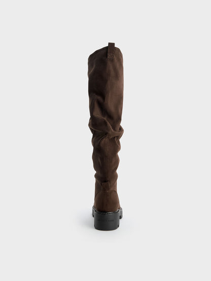 Camilla Faux Suede Thigh-High Boots - Dark Brown Textured | CHARLES & KEITH