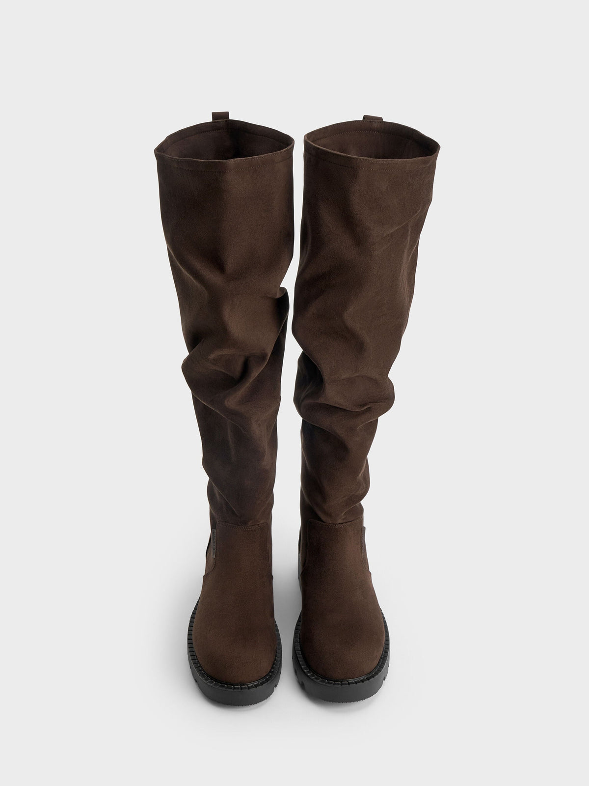 Camilla Faux Suede Thigh-High Boots - Dark Brown Textured | CHARLES & KEITH