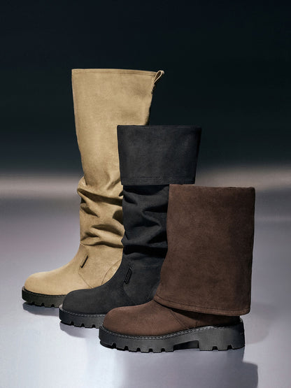 Camilla Faux Suede Thigh-High Boots - Dark Brown Textured | CHARLES & KEITH