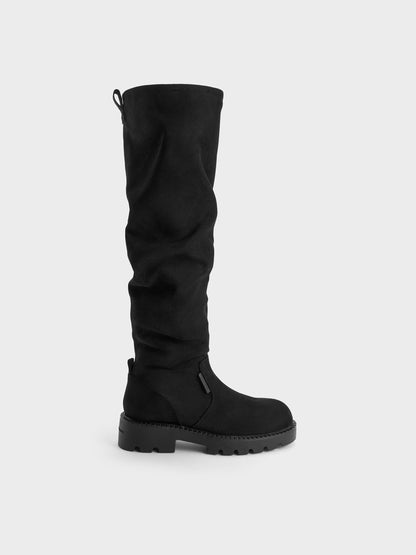 Camilla Faux Suede Thigh-High Boots - Black Textured | CHARLES & KEITH