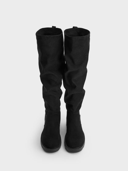Camilla Faux Suede Thigh-High Boots - Black Textured | CHARLES & KEITH