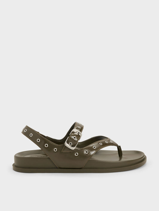 Grommet Thong Slingback Sandals - Olive | CHARLES & KEITH
