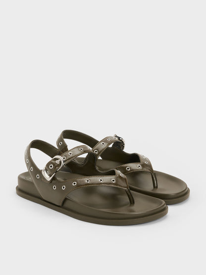 Grommet Thong Slingback Sandals - Olive | CHARLES & KEITH