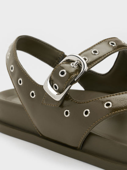 Grommet Thong Slingback Sandals - Olive | CHARLES & KEITH