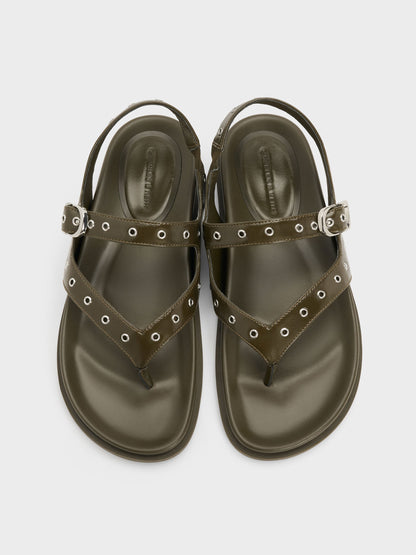 Grommet Thong Slingback Sandals - Olive | CHARLES & KEITH