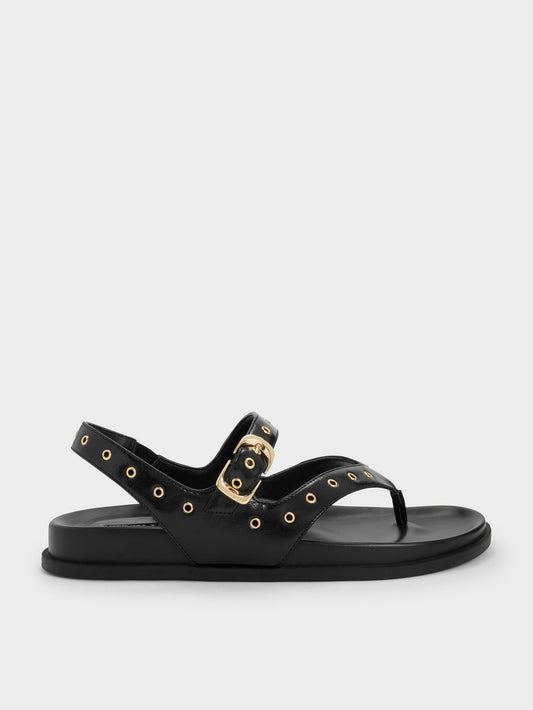 Grommet Thong Slingback Sandals - Black | CHARLES & KEITH