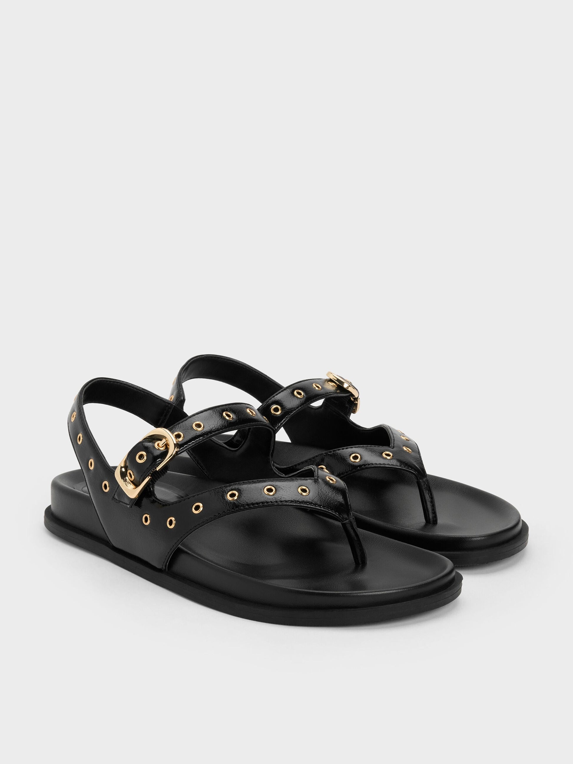 Grommet Thong Slingback Sandals - Black | CHARLES & KEITH