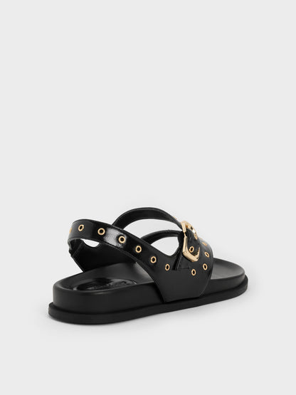 Grommet Thong Slingback Sandals - Black | CHARLES & KEITH