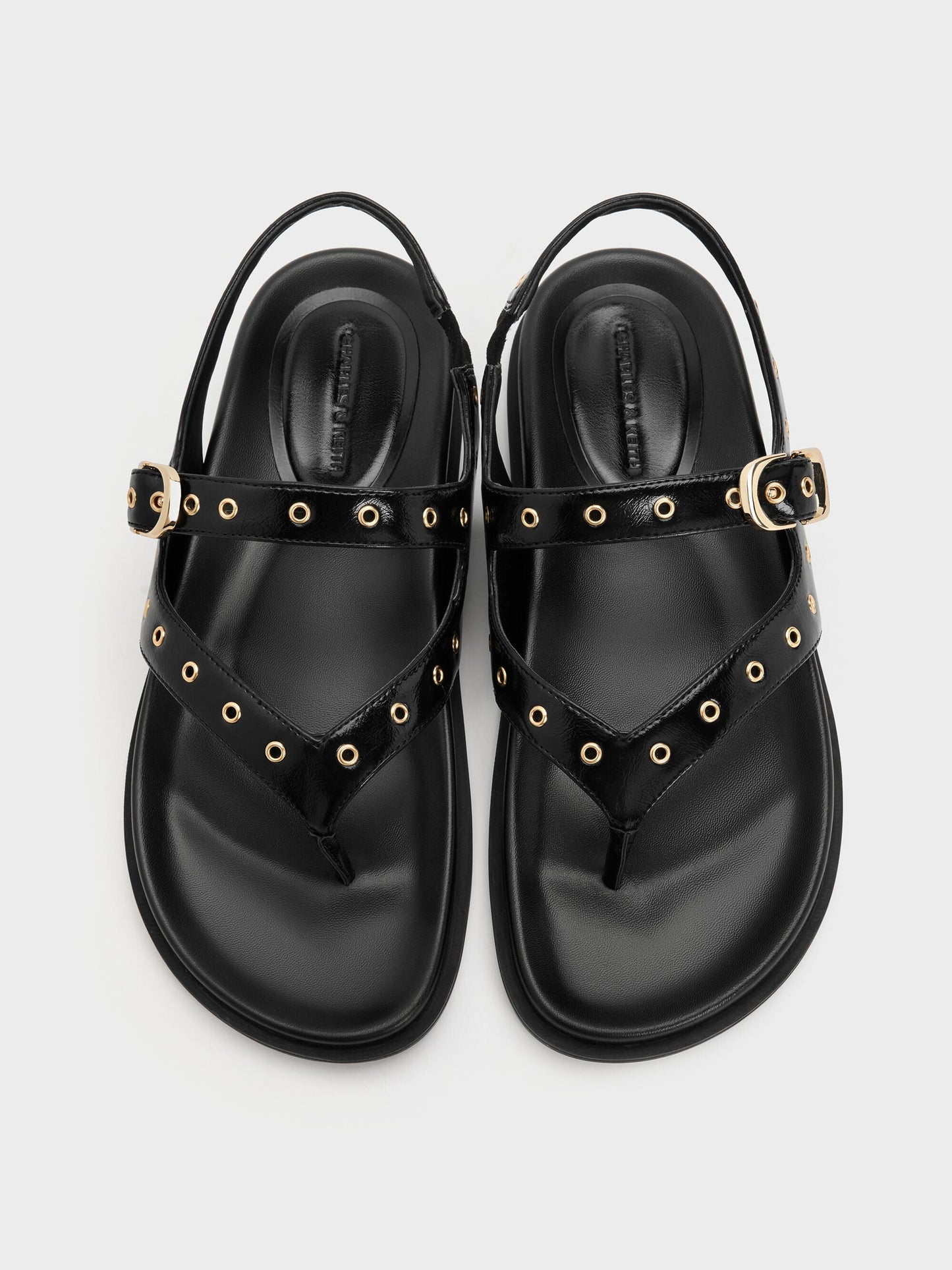 Grommet Thong Slingback Sandals - Black | CHARLES & KEITH