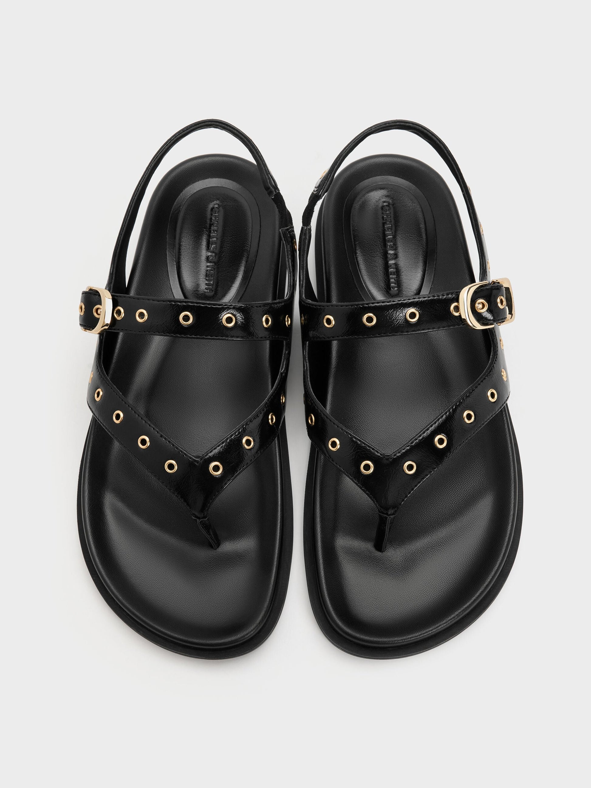 Grommet Thong Slingback Sandals - Black | CHARLES & KEITH