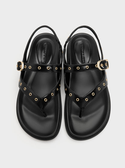 Grommet Thong Slingback Sandals - Black | CHARLES & KEITH