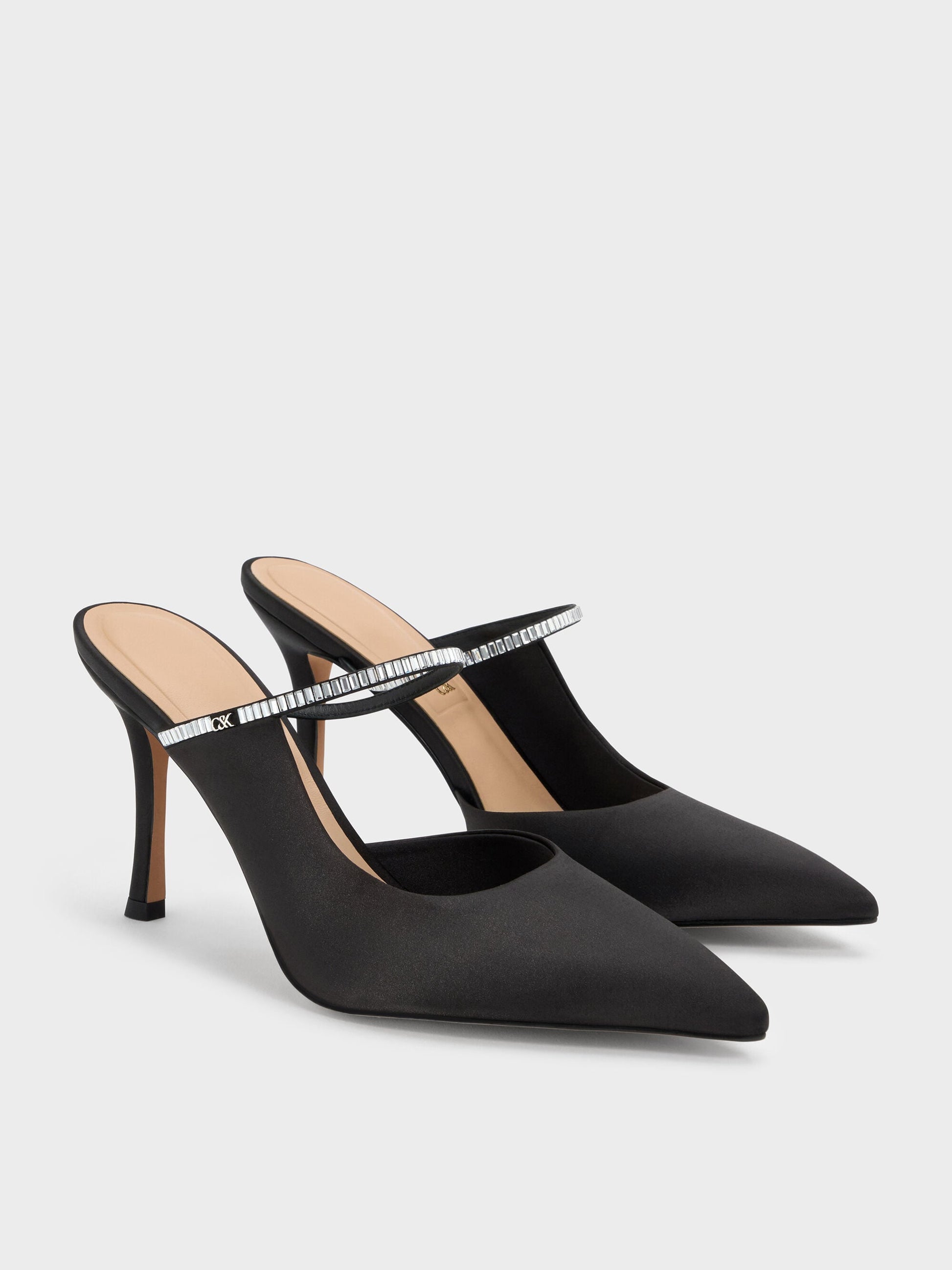 Gem D'Orsay Stiletto Mules - Black Textured | CHARLES & KEITH