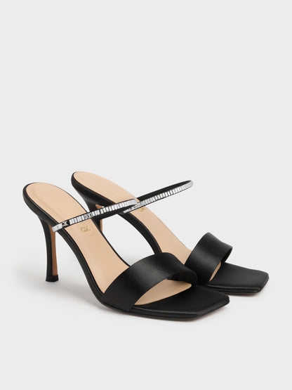 Gem Heeled Mules - Black Textured | CHARLES & KEITH