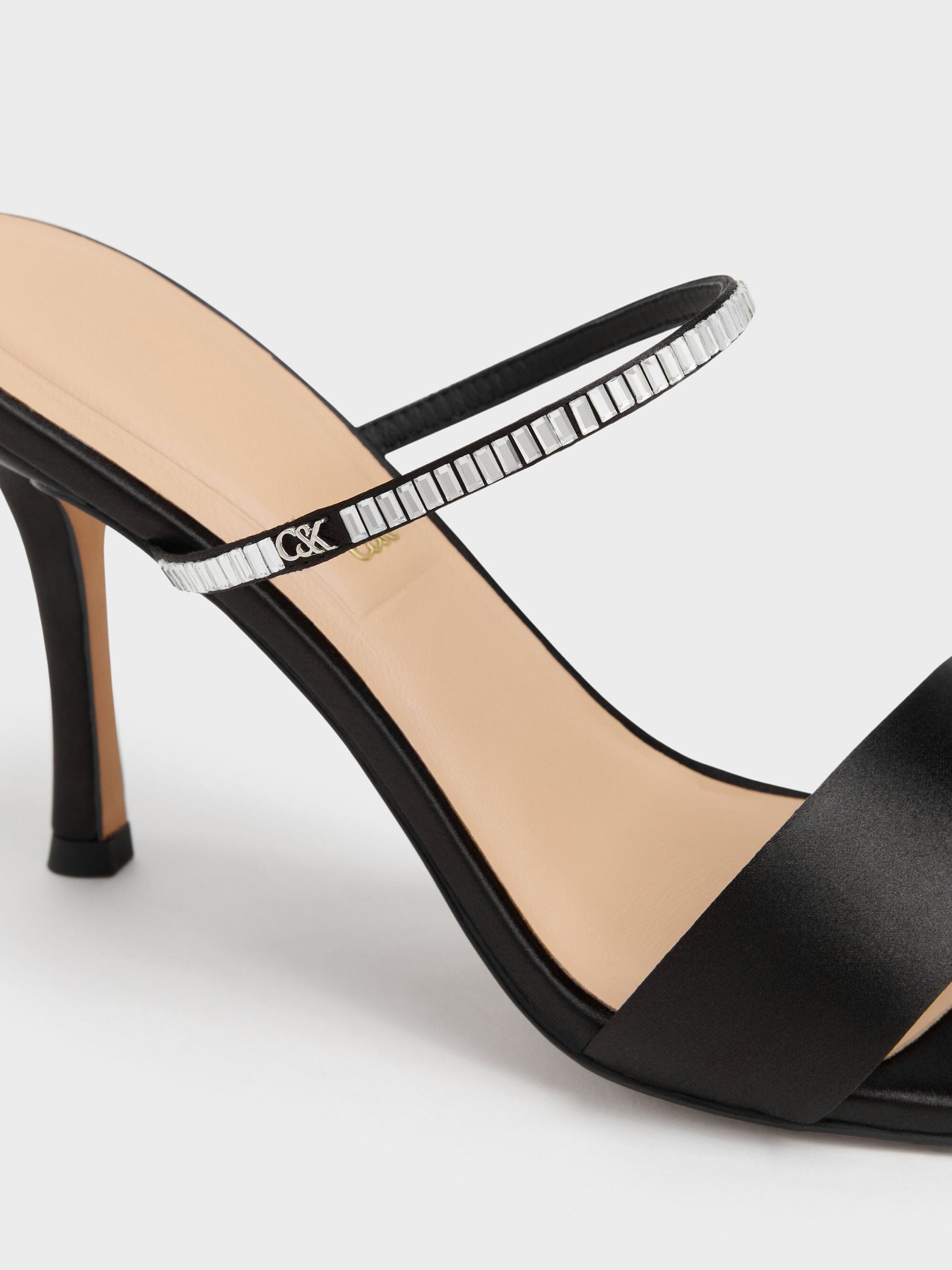 Gem Heeled Mules - Black Textured | CHARLES & KEITH