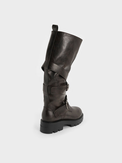 Double-Strap Knee-High Boots - Dark Brown | CHARLES & KEITH