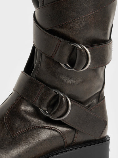 Double-Strap Knee-High Boots - Dark Brown | CHARLES & KEITH