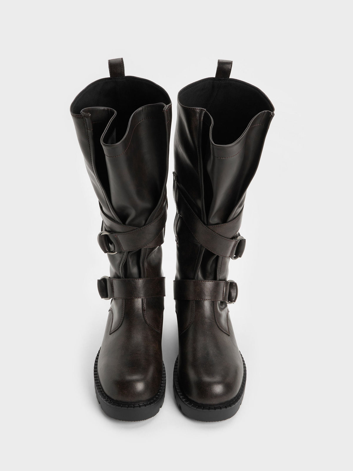 Double-Strap Knee-High Boots - Dark Brown | CHARLES & KEITH