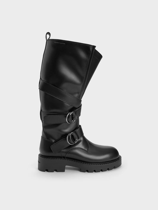 Double-Strap Knee-High Boots - Black | CHARLES & KEITH