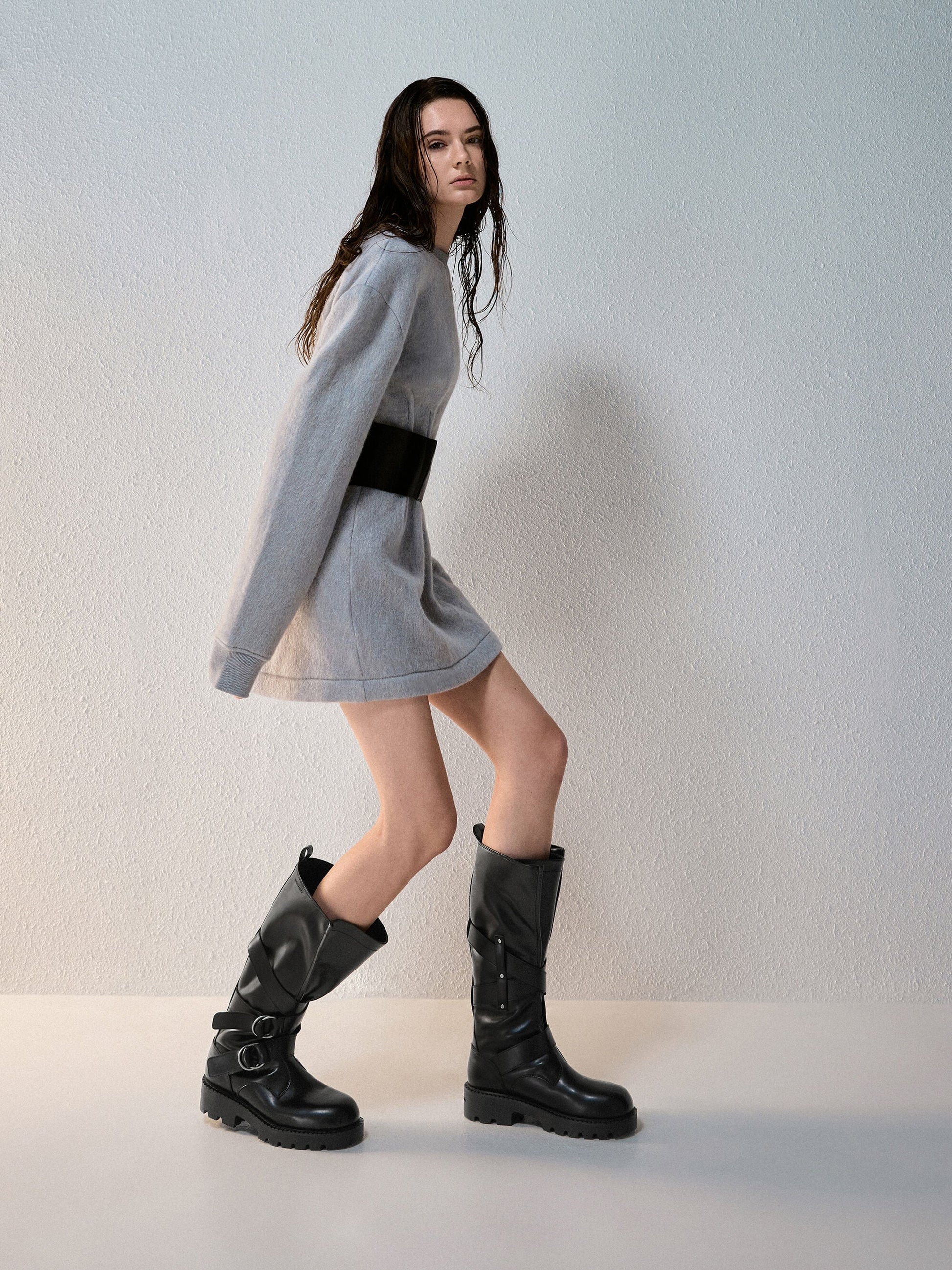 Double-Strap Knee-High Boots - Black | CHARLES & KEITH