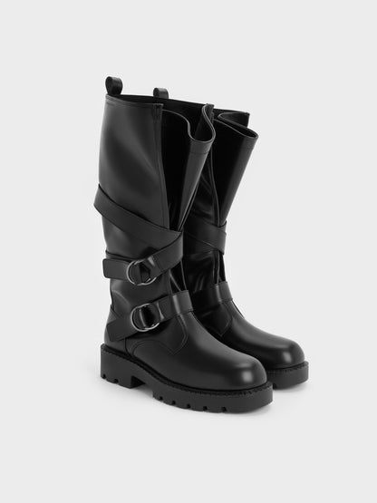 Double-Strap Knee-High Boots - Black | CHARLES & KEITH