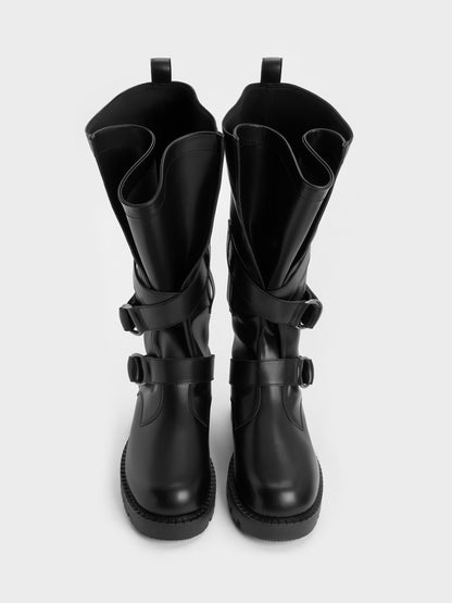Double-Strap Knee-High Boots - Black | CHARLES & KEITH