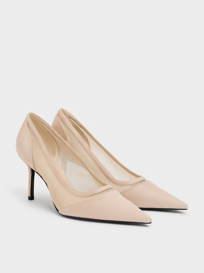 Faux Suede & Mesh Pointed Pumps - Beige | CHARLES & KEITH