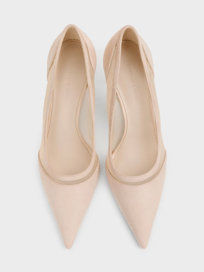 Faux Suede & Mesh Pointed Pumps - Beige | CHARLES & KEITH
