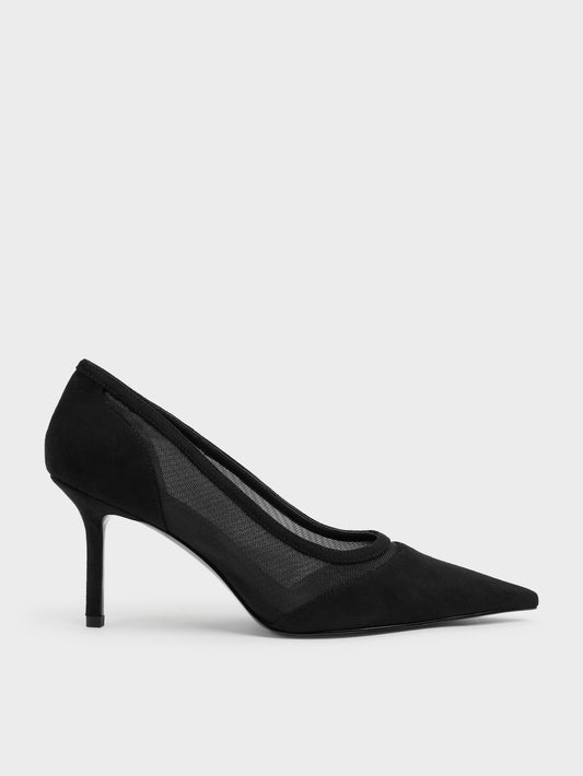 Faux Suede & Mesh Pointed Pumps - Black Textured | CHARLES & KEITH