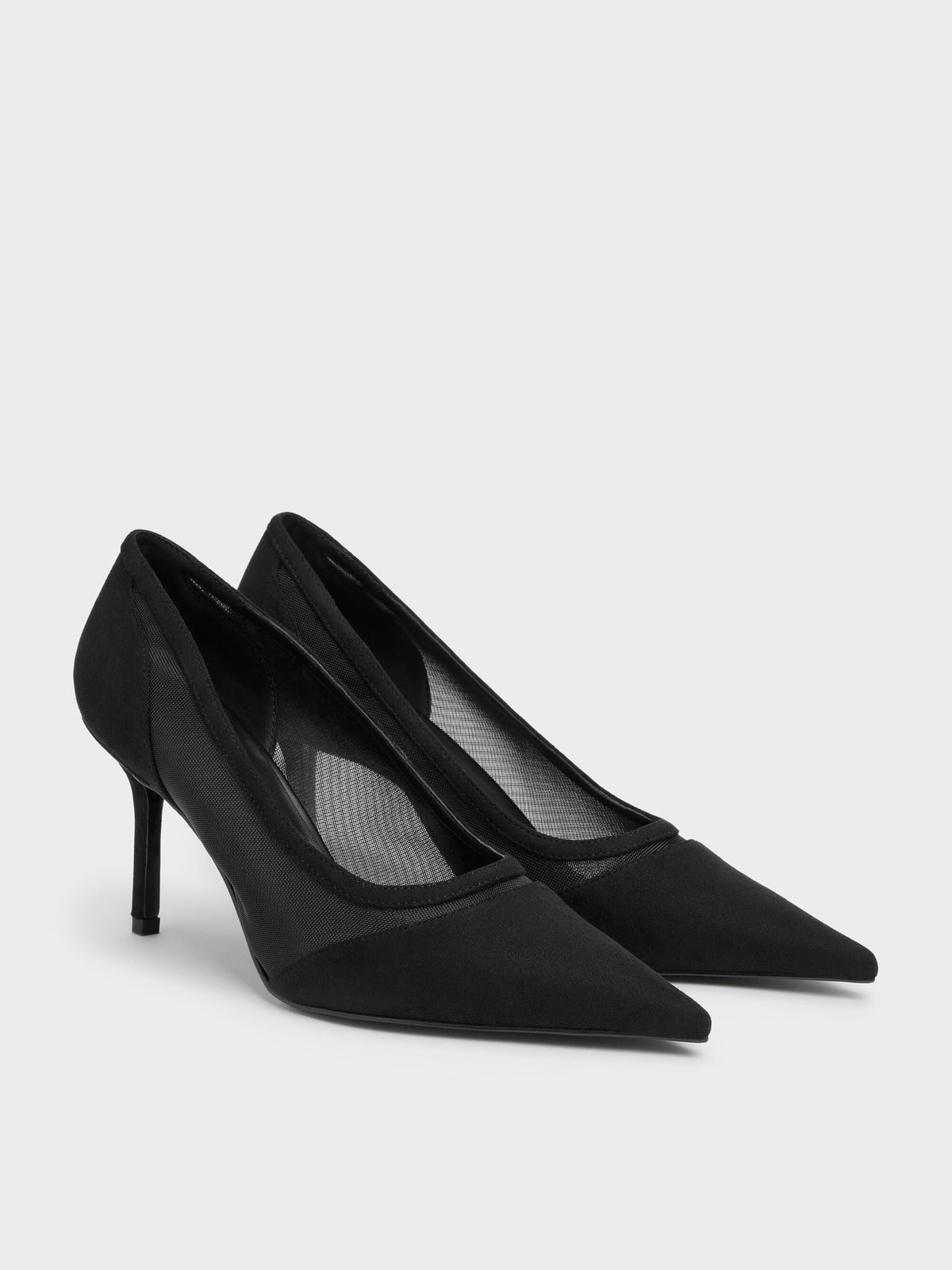 Faux Suede & Mesh Pointed Pumps - Black Textured | CHARLES & KEITH