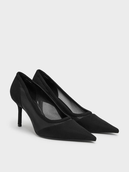 Faux Suede & Mesh Pointed Pumps - Black Textured | CHARLES & KEITH