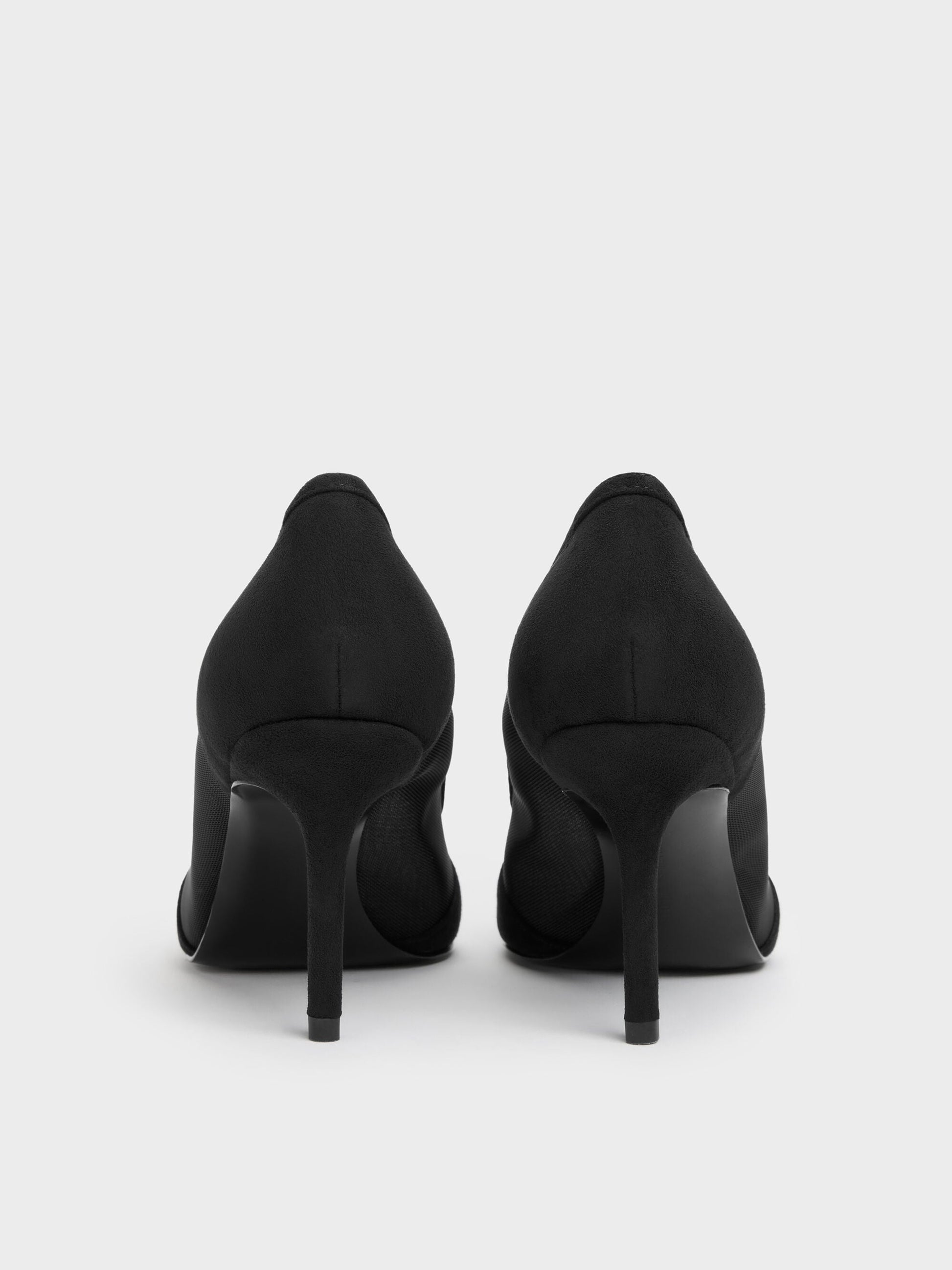 Faux Suede & Mesh Pointed Pumps - Black Textured | CHARLES & KEITH