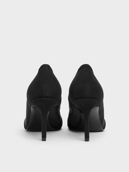 Faux Suede & Mesh Pointed Pumps - Black Textured | CHARLES & KEITH