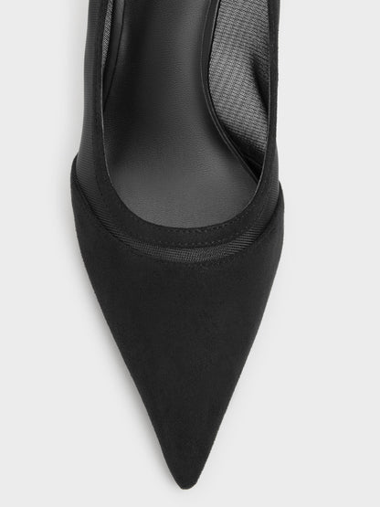 Faux Suede & Mesh Pointed Pumps - Black Textured | CHARLES & KEITH