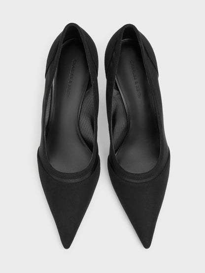 Faux Suede & Mesh Pointed Pumps - Black Textured | CHARLES & KEITH