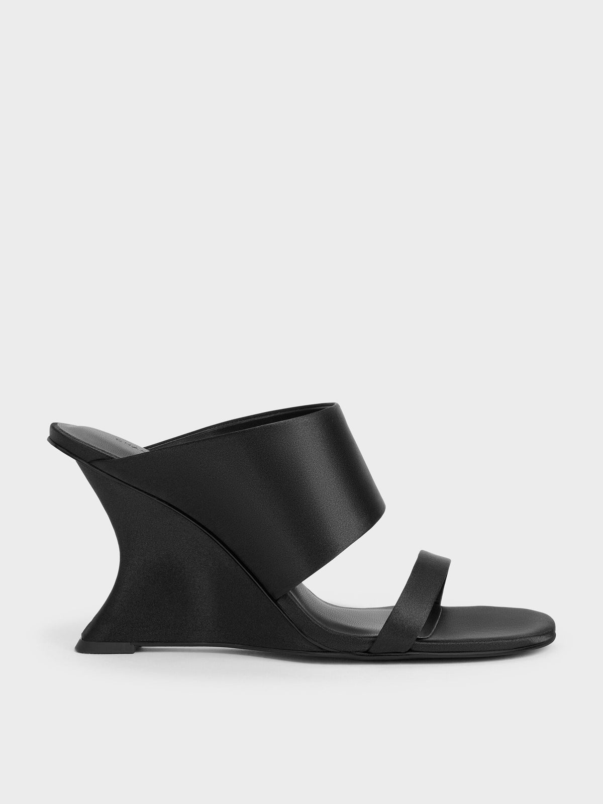 Satin Double-Strap Wedge Mules - Black Textured | CHARLES & KEITH
