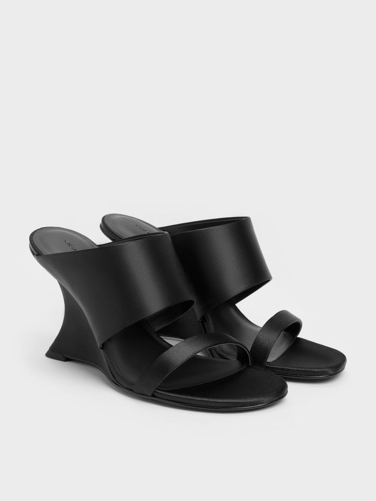 Satin Double-Strap Wedge Mules - Black Textured | CHARLES & KEITH