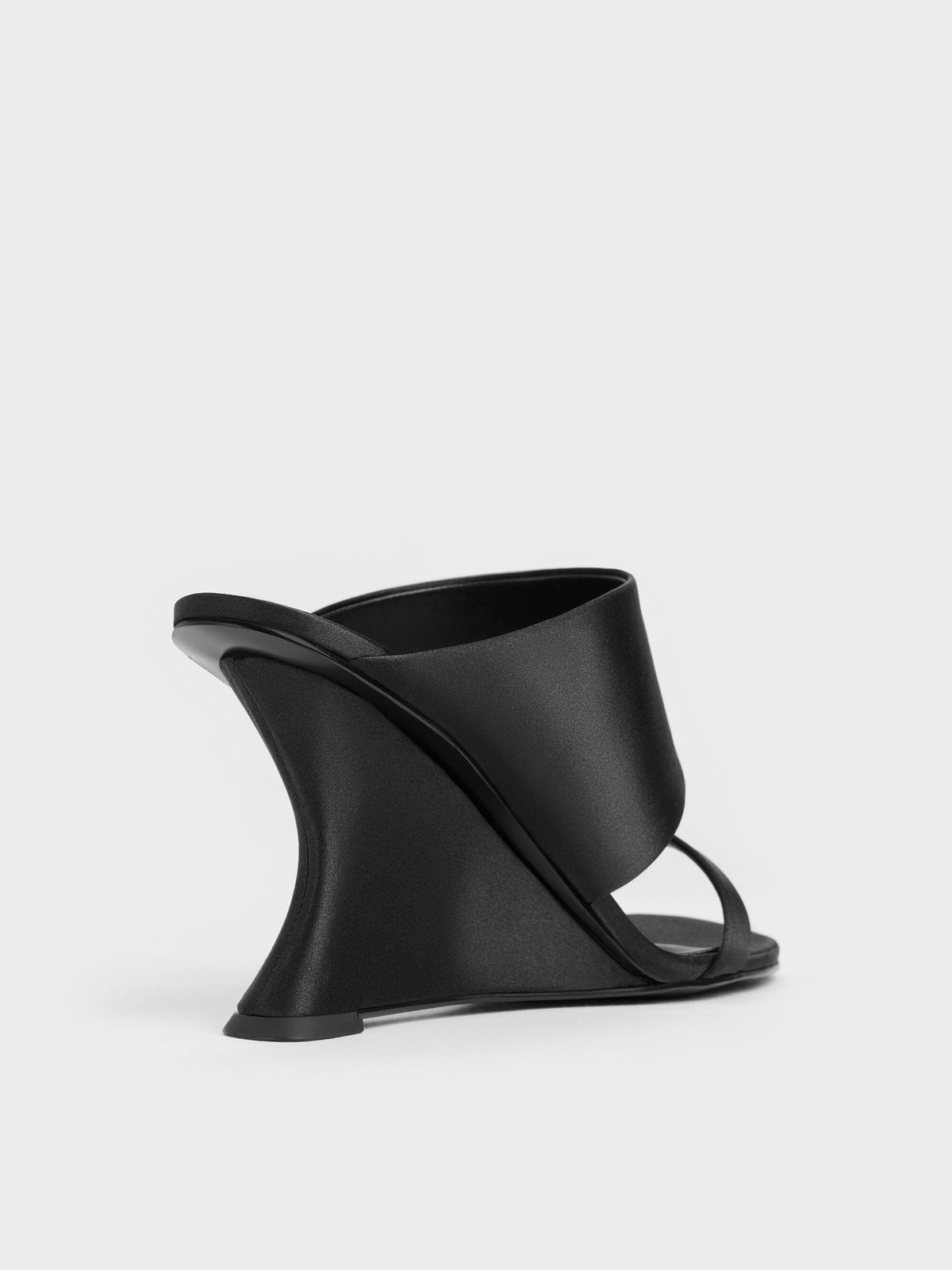 Satin Double-Strap Wedge Mules - Black Textured | CHARLES & KEITH