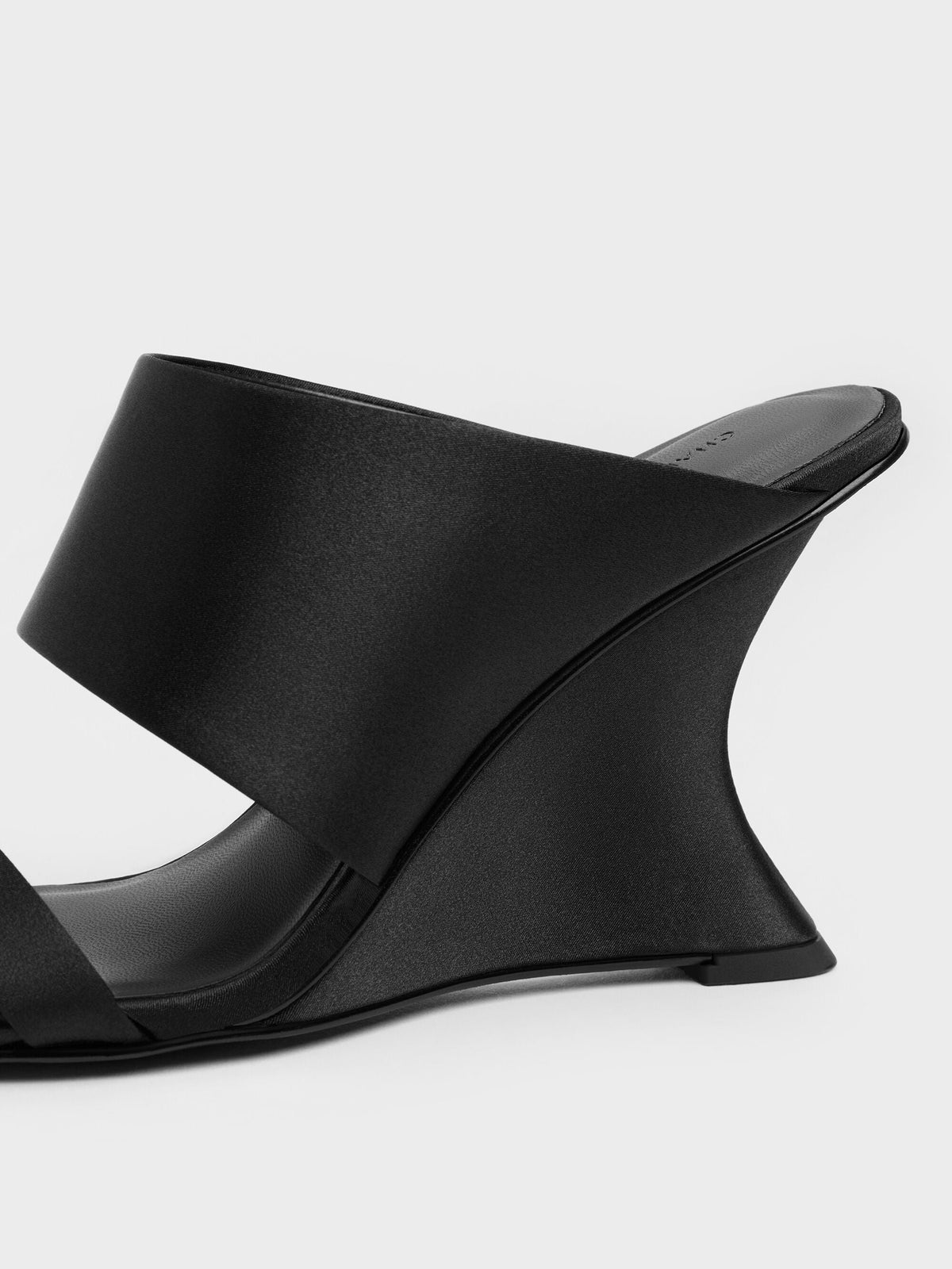 Satin Double-Strap Wedge Mules - Black Textured | CHARLES & KEITH