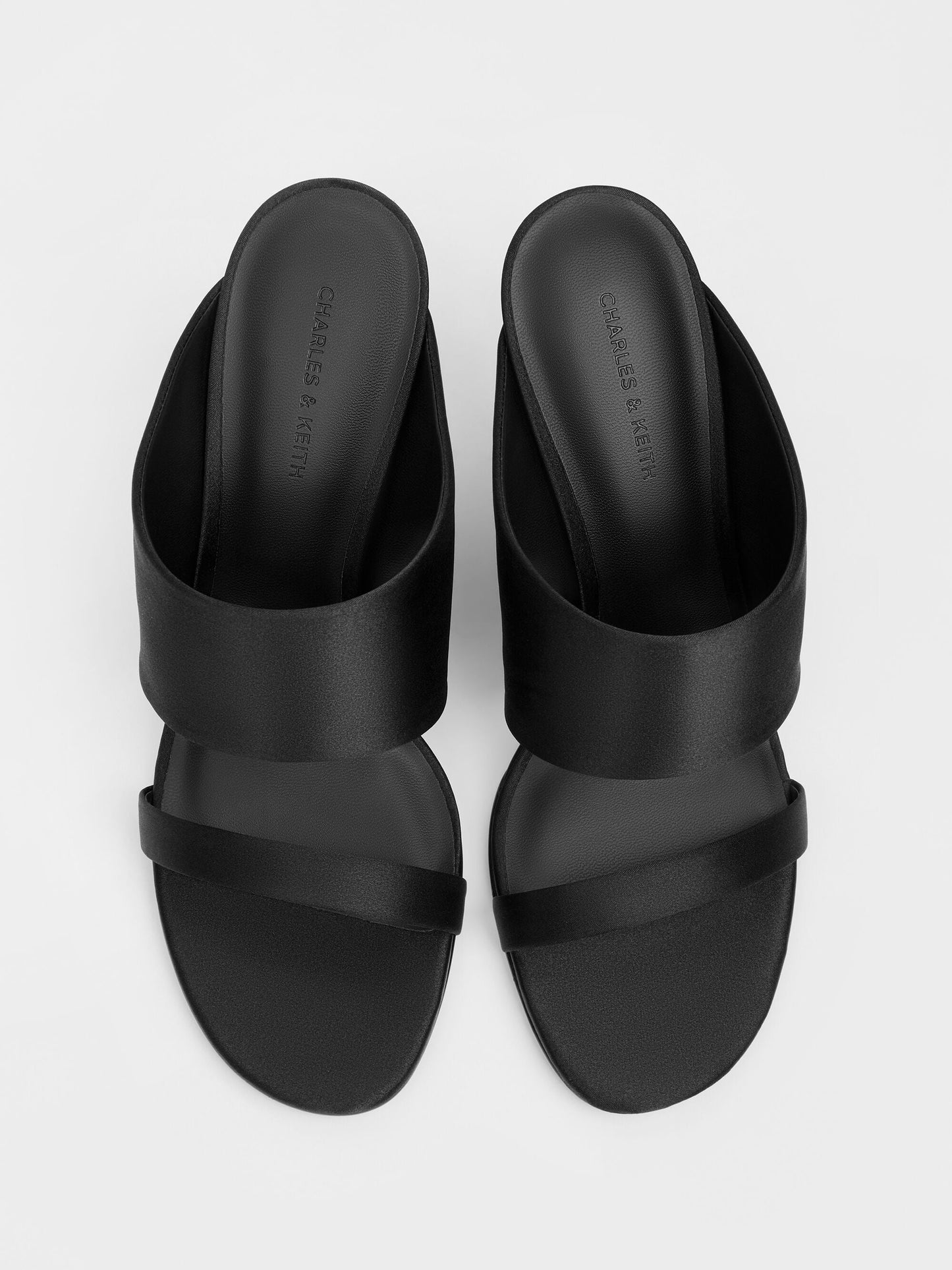 Satin Double-Strap Wedge Mules - Black Textured | CHARLES & KEITH
