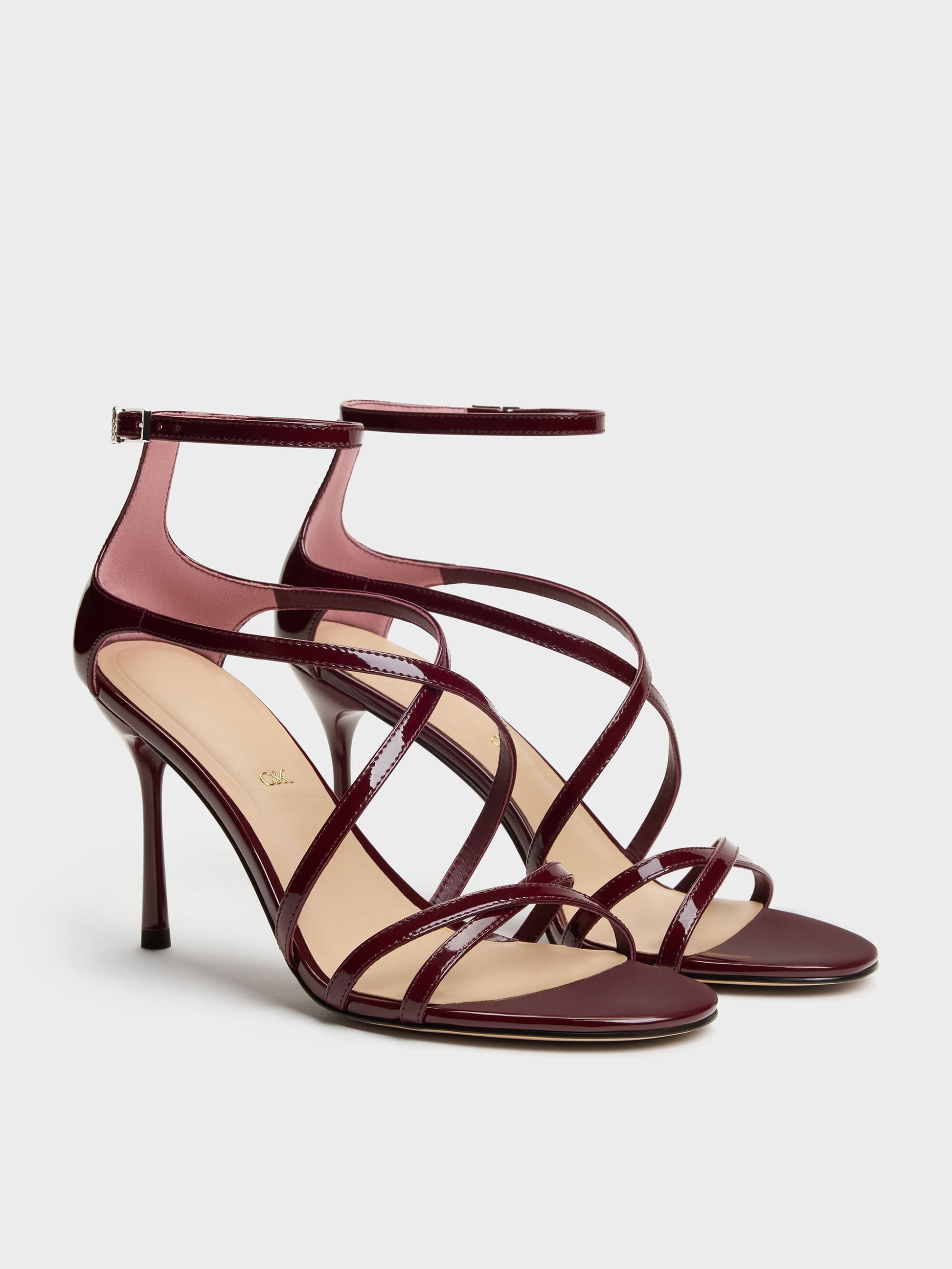Patent Leather Strappy Stiletto Sandals - Burgundy | CHARLES & KEITH