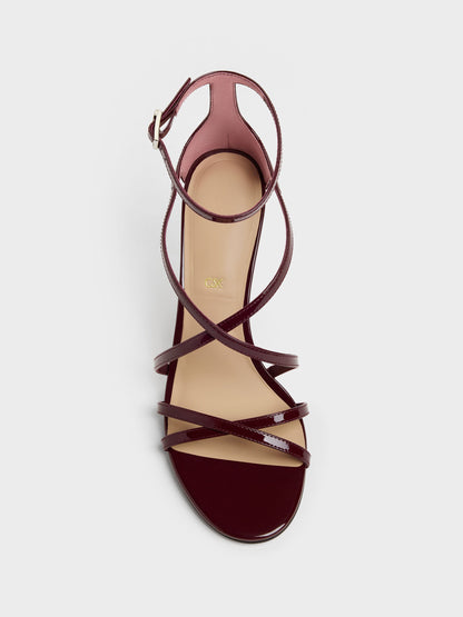 Patent Leather Strappy Stiletto Sandals - Burgundy | CHARLES & KEITH