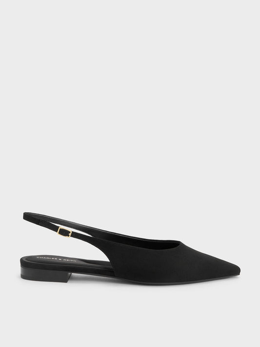 Emelia Faux Suede Slingback Flats - Black Textured | CHARLES & KEITH