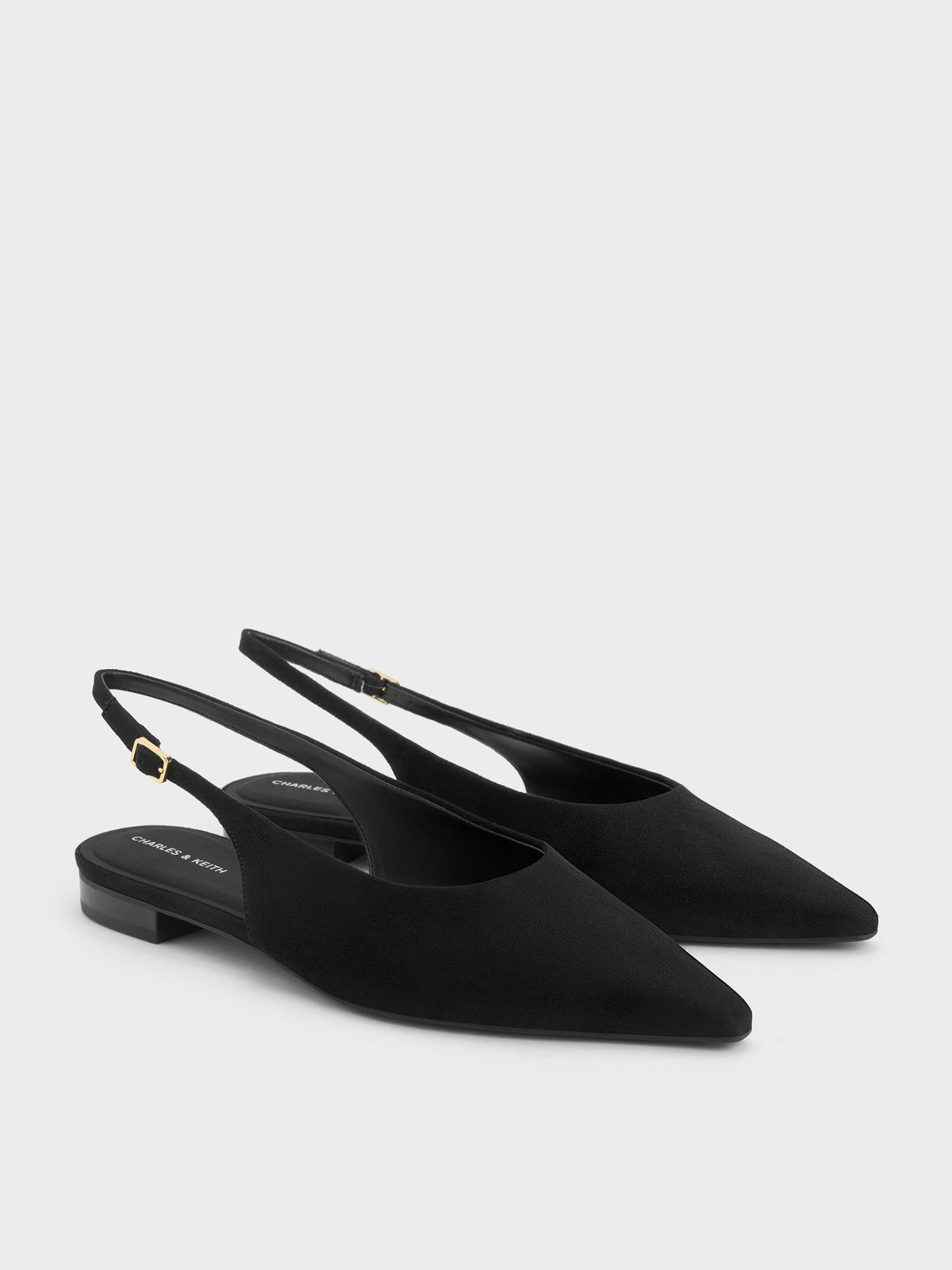 Emelia Faux Suede Slingback Flats - Black Textured | CHARLES & KEITH