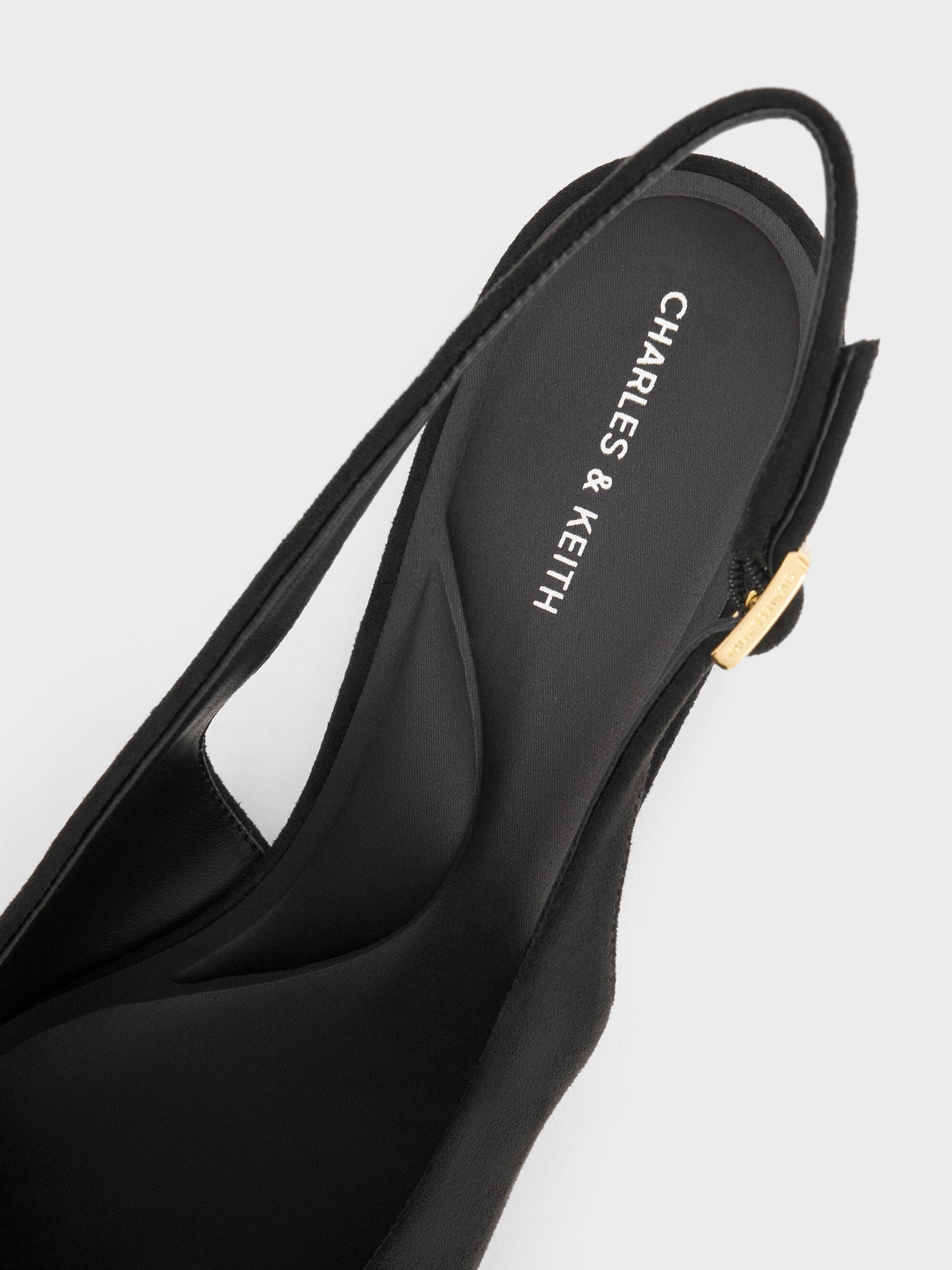 Emelia Faux Suede Slingback Flats - Black Textured | CHARLES & KEITH