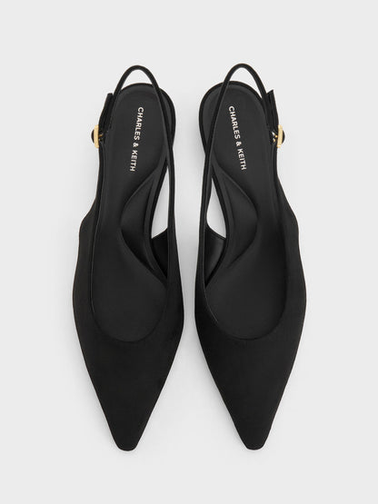 Emelia Faux Suede Slingback Flats - Black Textured | CHARLES & KEITH