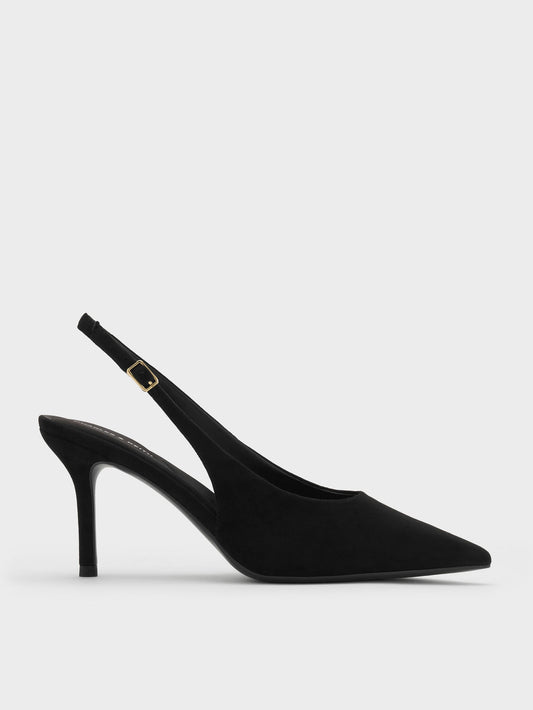 Emelia Faux Suede Slingback Pumps - Black Textured | CHARLES & KEITH
