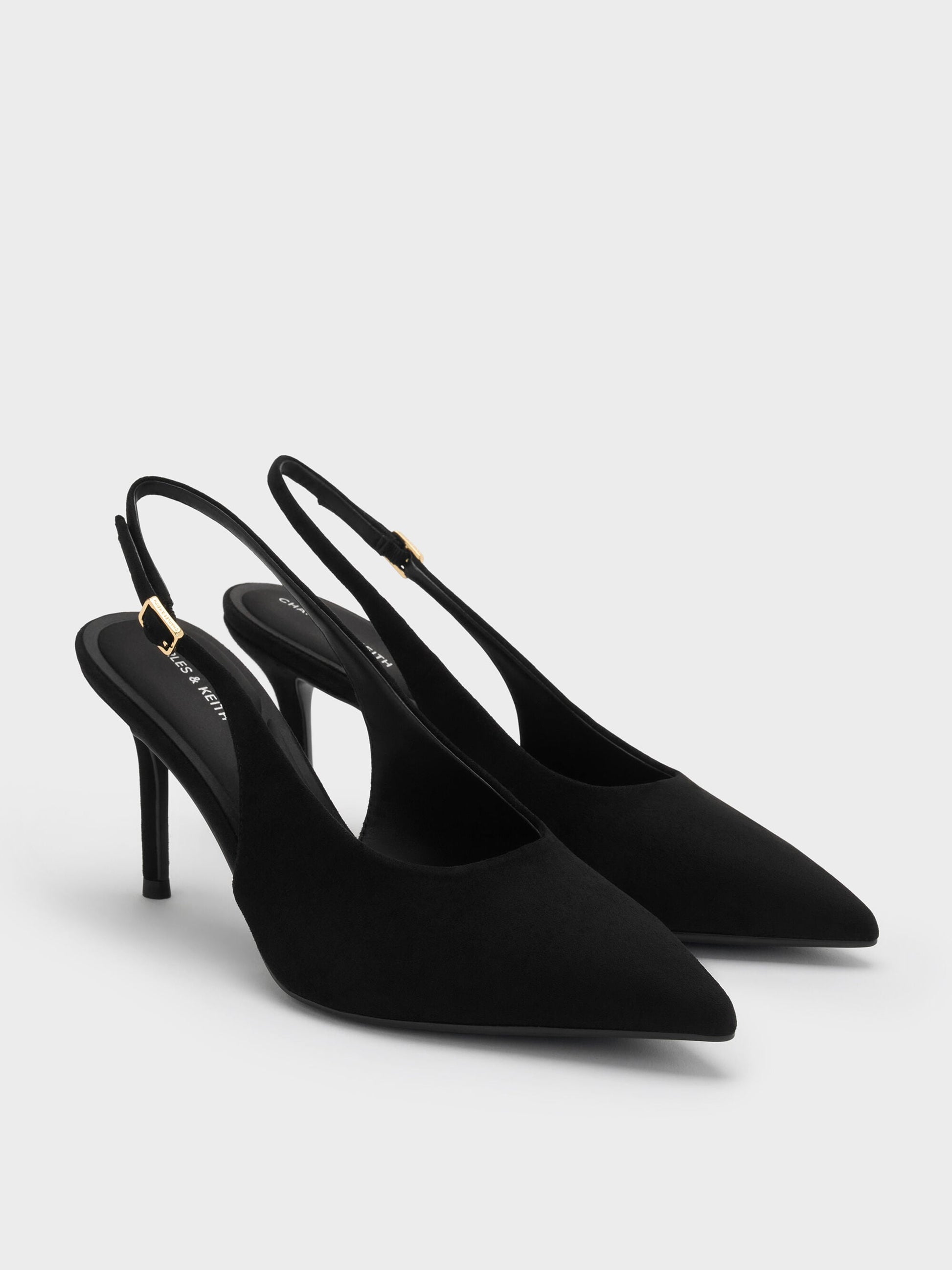 Emelia Faux Suede Slingback Pumps - Black Textured | CHARLES & KEITH