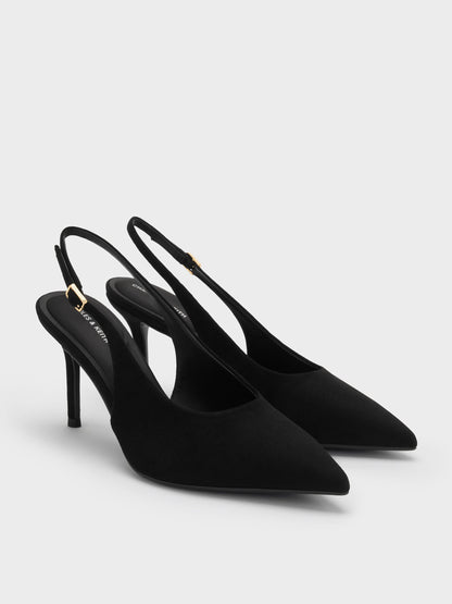 Emelia Faux Suede Slingback Pumps - Black Textured | CHARLES & KEITH