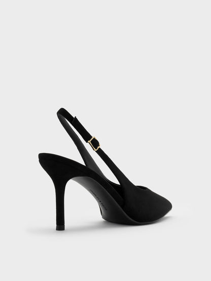 Emelia Faux Suede Slingback Pumps - Black Textured | CHARLES & KEITH