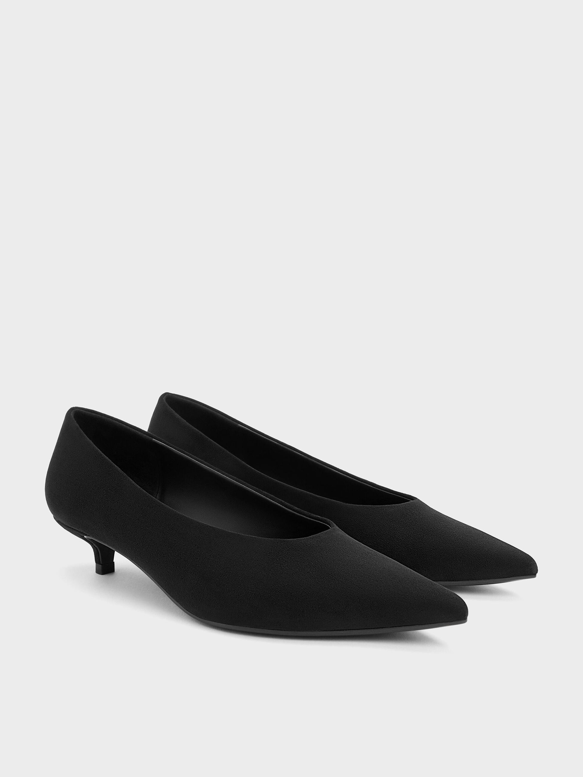 Emelia Faux Suede Kitten Heels - Black Textured | CHARLES & KEITH
